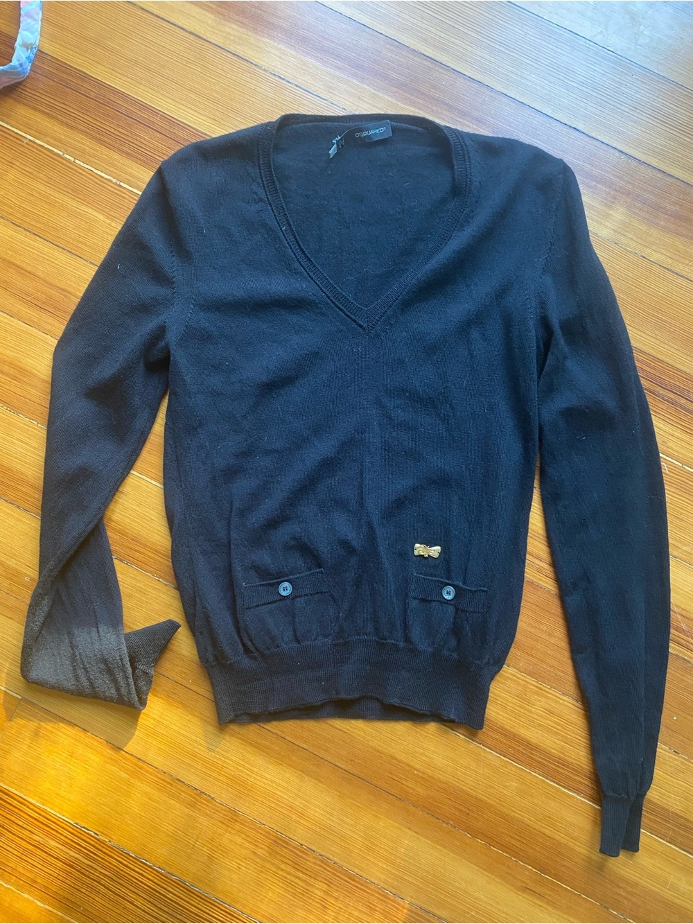 DSQUARED2 Black V-Neck wool Sweater with Front Pocket Accents